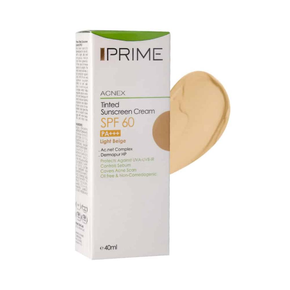 کرم ضد آفتاب رنگی فاقد چربی پرایم SPF60 مناسب پوست های چرب و دارای جوش بژ روشن - تصویر 1